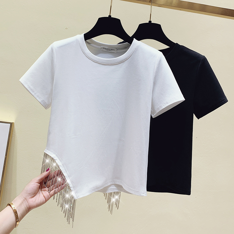 

Women' T-Shirt Crop Tops Cotton Tees Tassel T Shirt Women Clothes White Short Sleeve T-shirt Beading Summer Short Tops Black Y2K good quality 230414
