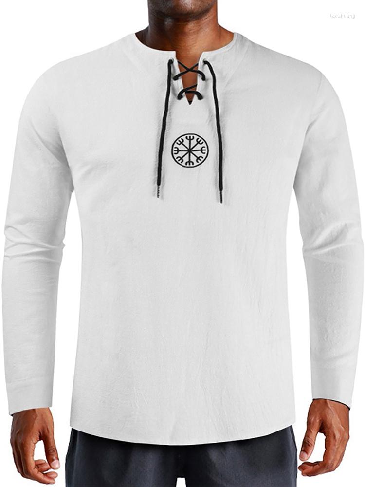 

Men's T Shirts Men's Fashion Cotton Linen Viking Shirt Solid Long Sleeve Drawsting Tops Tunic, Beige