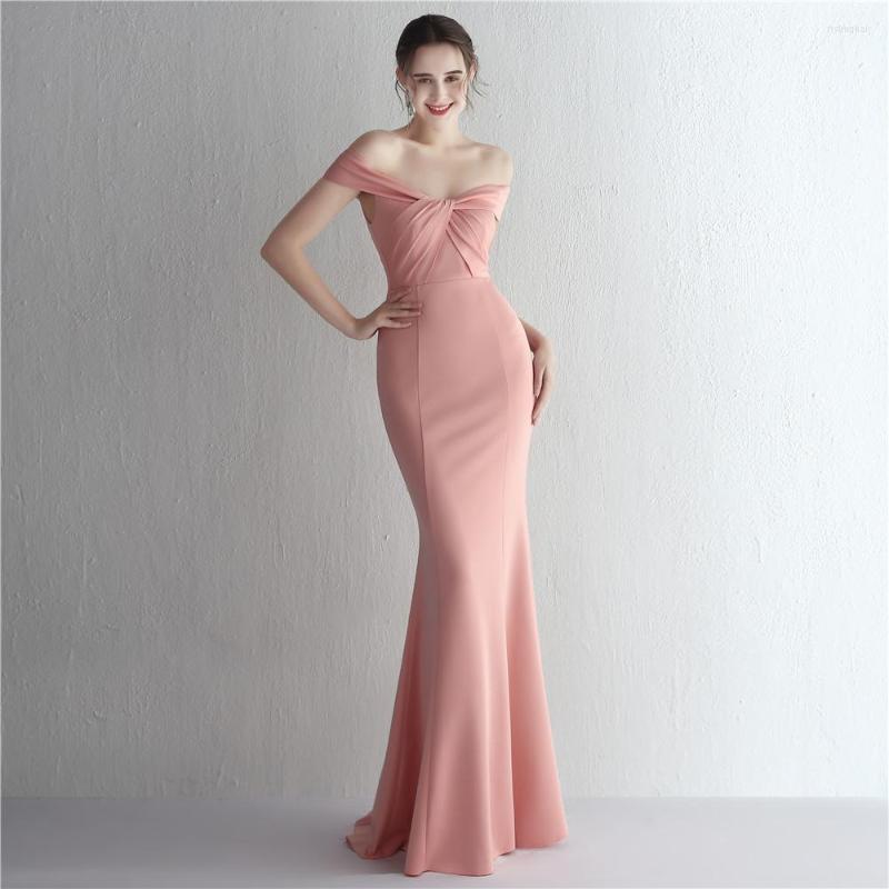 

Party Dresses Blush Pink Long Prom Mermaid Off The Shoulder Pleat Satin Women Wedding Gowns Wholesale Vestido De Festa, Black