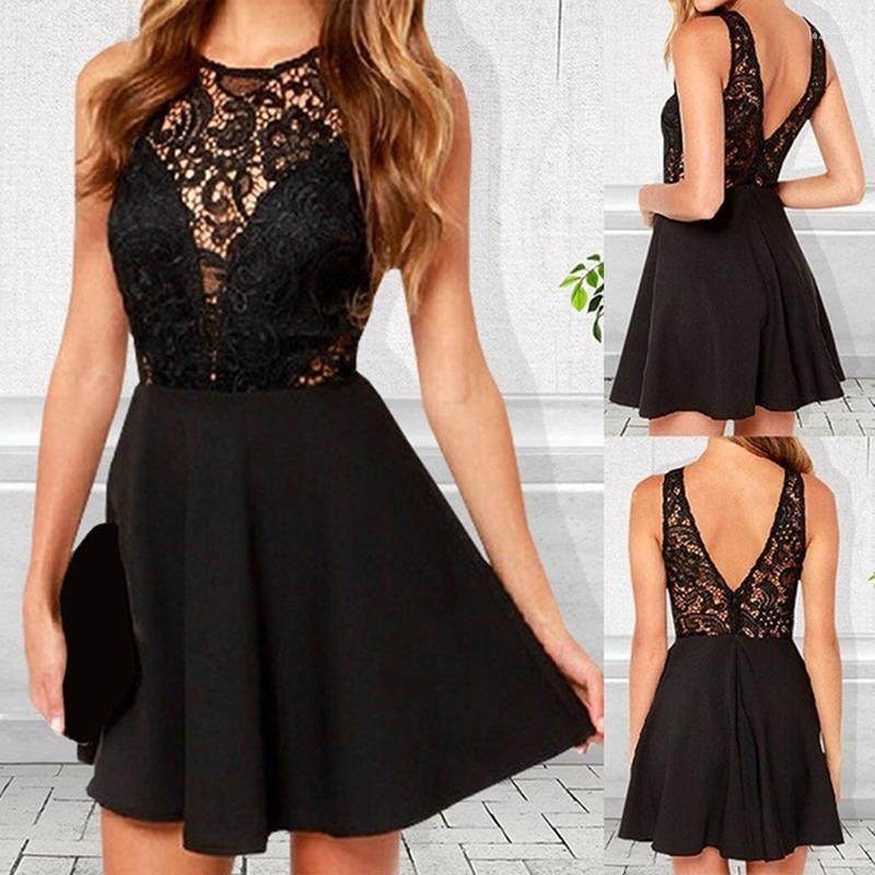 

Casual Dresses Summer Women Dress Bohemian Beach Sexy O-neck Sleeveless Backless Lace Patchwork Hollow Out Mini, Black