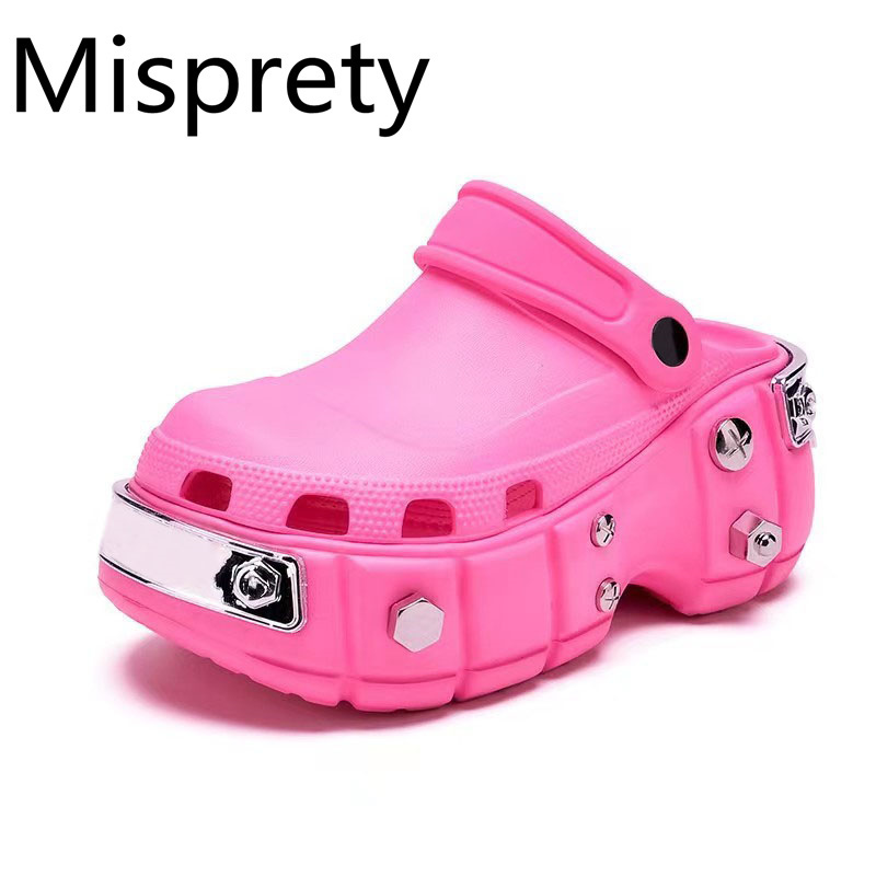 

Slippers Fashion Thick Sole Rain Shoe Sandal Woman Hole Metal Toe Runway Mule Rose Red Green Platform Summer Slipper Comfort Rubber Slide 230414, Grape