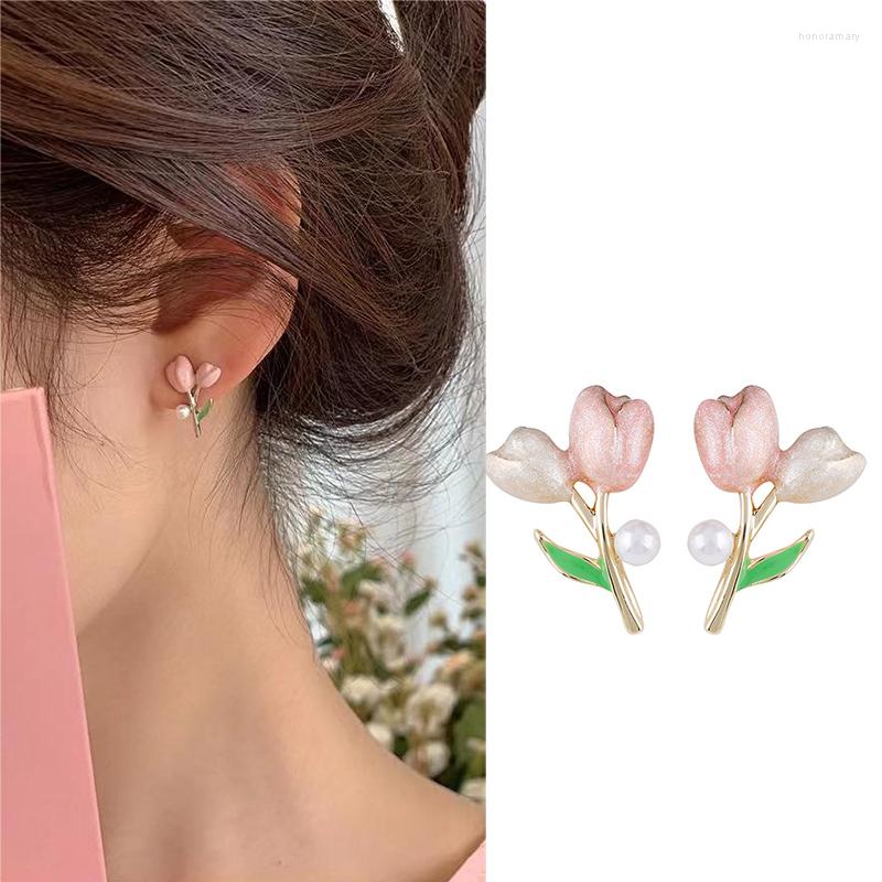 

Stud Earrings 2023 Summer Pink Tulip Flower Pearl For Women Oil Dripping Floral White Imitation Ear Studs