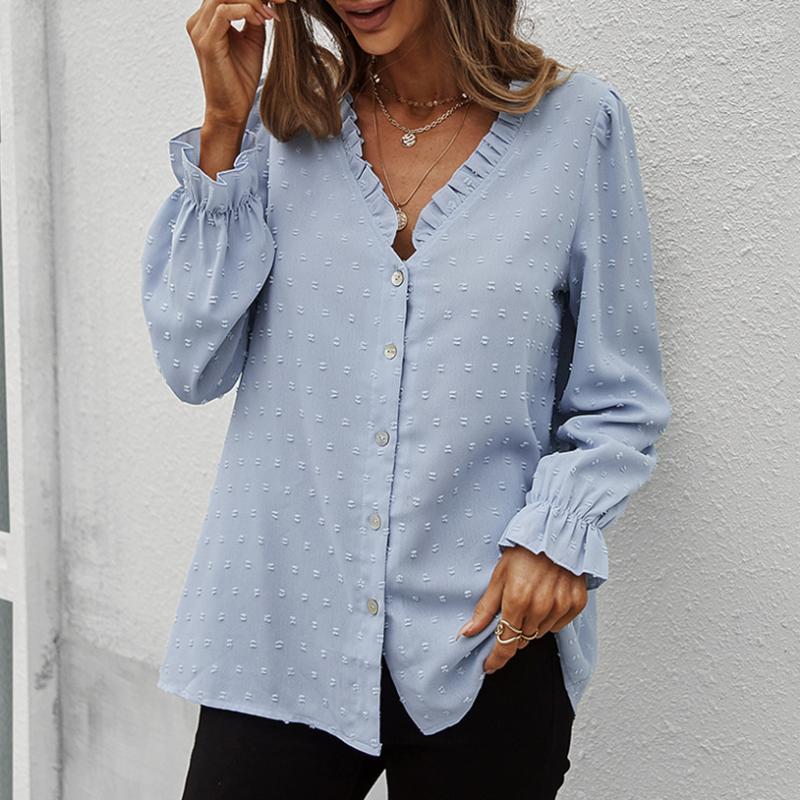 

Women's Blouses Office Lady Ruffle V-neck Blouse Shirt Spring Summer Puff Long Sleeves Women Shirts Casual Fashion Blue Female Tops 2023, White