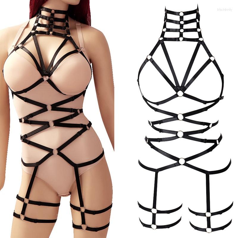 

Garters Black Bra Harness Set Tops Neck Straps Hollow Out High Waist Garter Belt Sexy Lingerie Plus Size Elastic Punk Goth Dance Rave, Mlcn0002-black