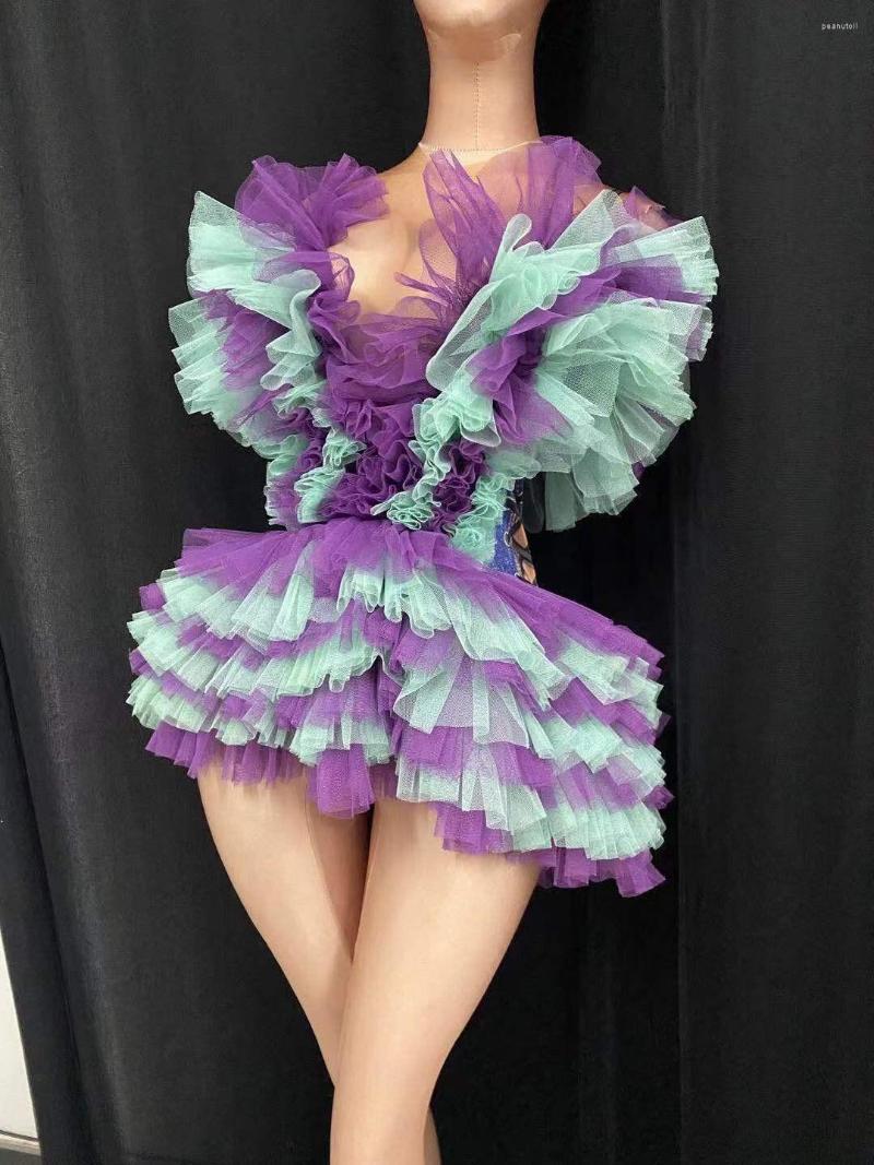 

Stage Wear Sexy Purple And Green Gauze Folds Layered Dress For Women Fashion Show Model Clothing Singer Costumes Party Club Wears