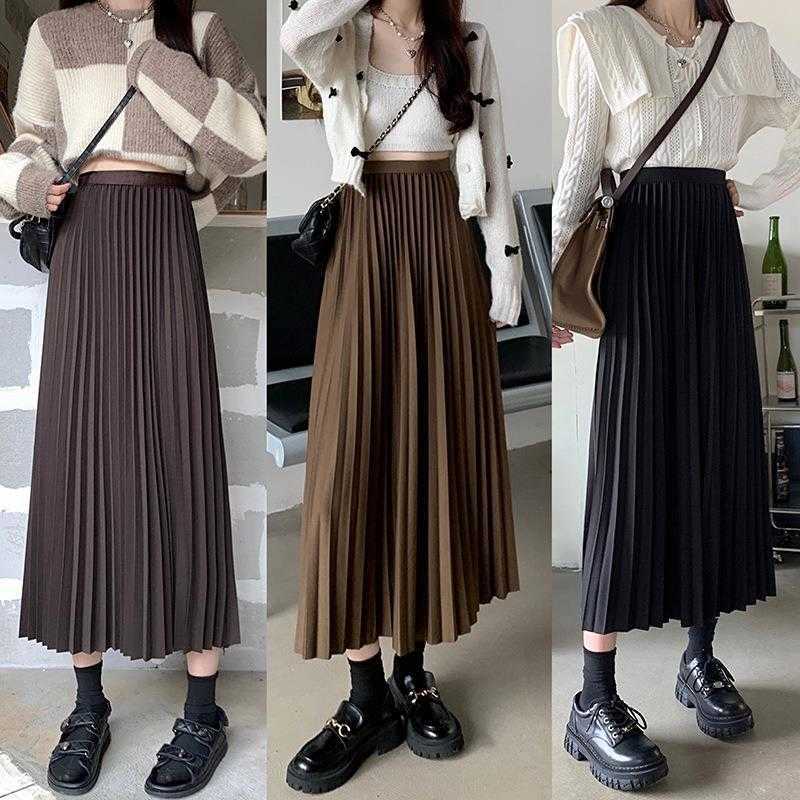 

Korean Style Preppy Pleated Skirt Autumn Age Reducing High Waist Slimming Loose, Coffee
