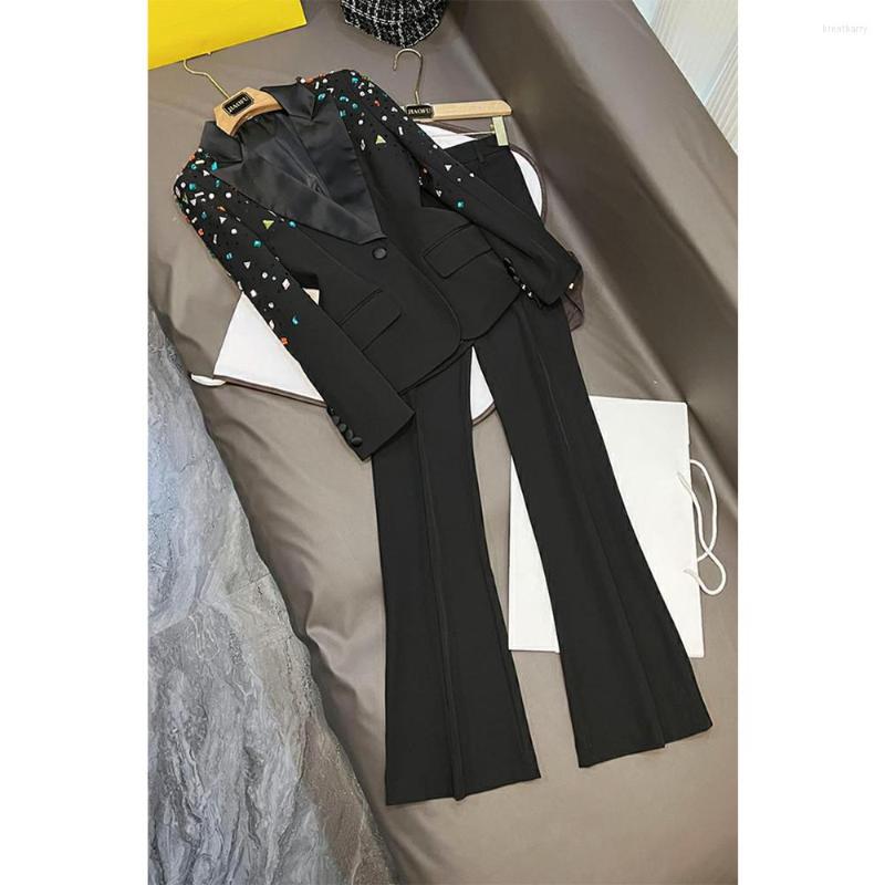 

Women' Two Piece Pants Designed Colored Diamond Elegant Blazer Trousers Set 2 Pieces Flare Pant Black One Button Women Suit