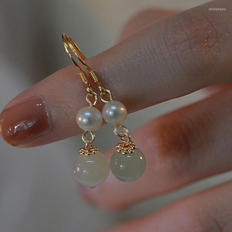 

Dangle Earrings VENTFILLE Gold Color Hetian Jade For Women Girls Gift Round Pearl Jewelry Drop Wholesale