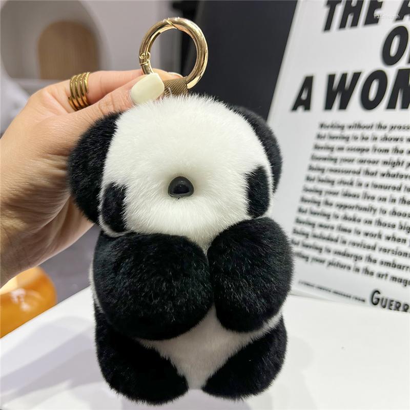 

Keychains Plush Panda Real Rex Fur Keychain Cute Toy Women Bag Ornaments Car Key Trinkets Jewelry Metal Ring Pendant Classic Gift
