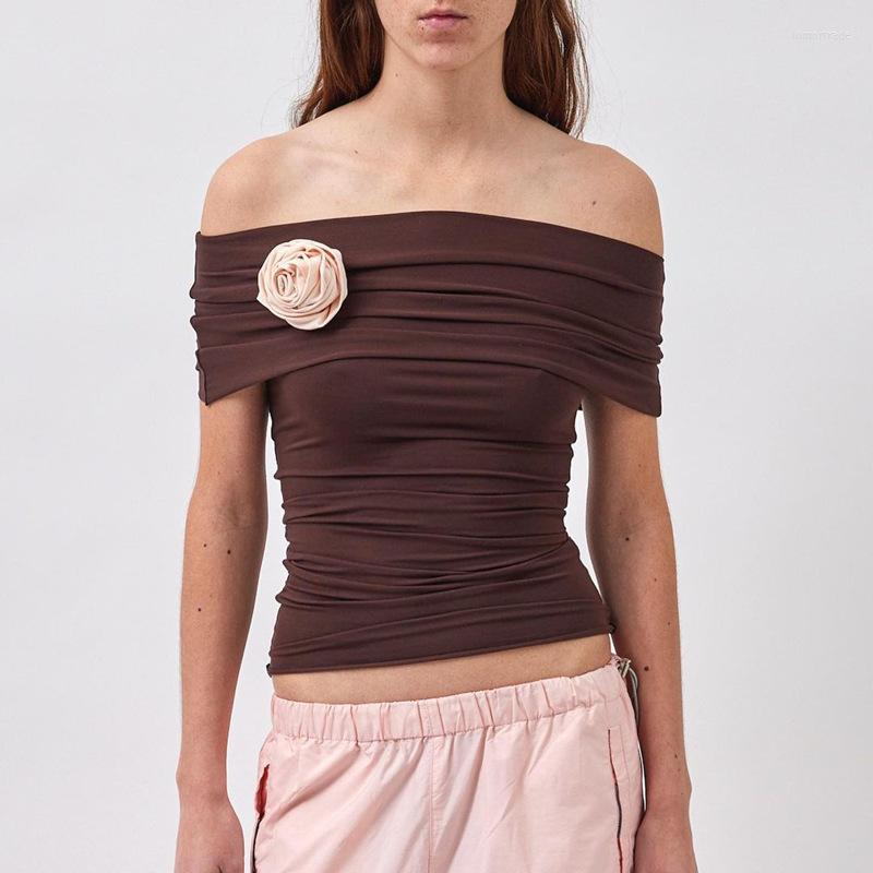 

Women' T Shirts Women Flower Brown Crop Top Sexy Slash Collar Off Shoulder Pleated Shirt Short Sleeve Y2k Tops Ropa De Mujer Camisas Y, Auburn