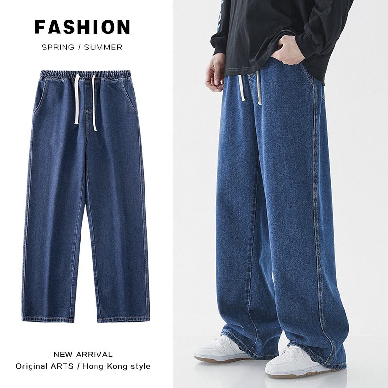 

Men's Jeans Oversized Wide Leg Jeans Men's Spring Summer Trend Ins Straight Loose Elastic Waist Casual Streetwear Baggy Trousers Male 230414, Grinding white blue