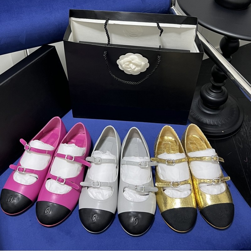 

Classic Designer Dress shoes CHANL cowhide Ballet Flats Women's crystal buckle 2 strap Ballerina Dance shoes Gold Hot Pink Flats Mule LOGO Sandal Lady leather Loafer, Chnl4103