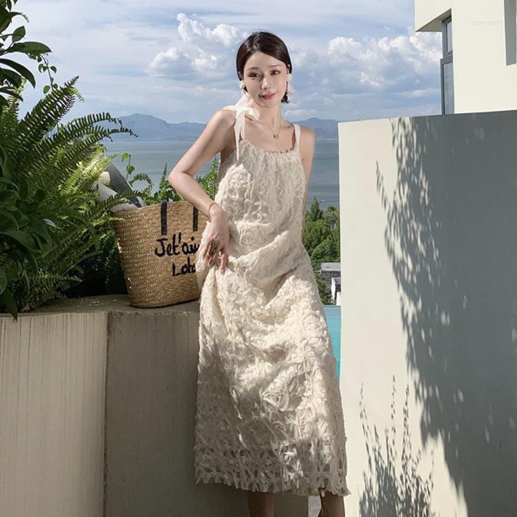 

Casual Dresses Milk Sweet Lace Dress With Shoulder-straps For Women Korean Vacation Seaside Holiday Pure Belly-covering, Creamy-white