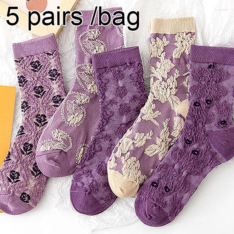

Women Socks 5Pairs Purple Floral Cotton Vintage Fashion Harajuku Retro Flower Japanese Funny Kawaii Girl Female Cute Casual Sock, Purple flower model