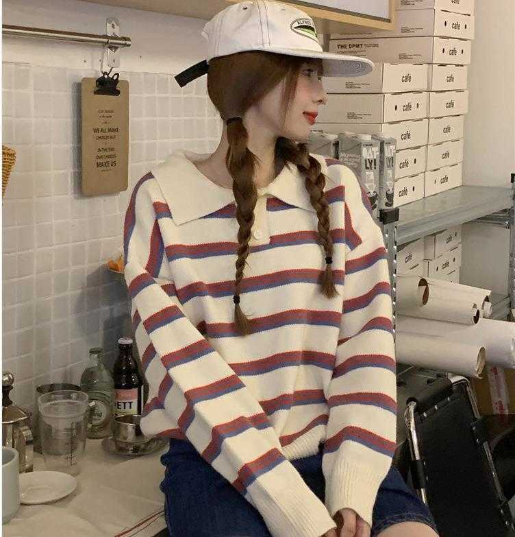 

Contrast Stripe Polo Sweater: Preppy Chic Outerwear for Women, White