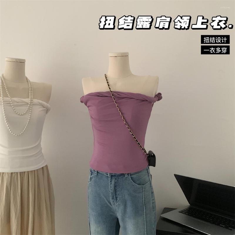 

Women's T Shirts Women's Summer Neckline Pleated Design Slim Fit Short Sleeve T-shirt Kinked Off-the-shoulder Collar Knit Top, Black