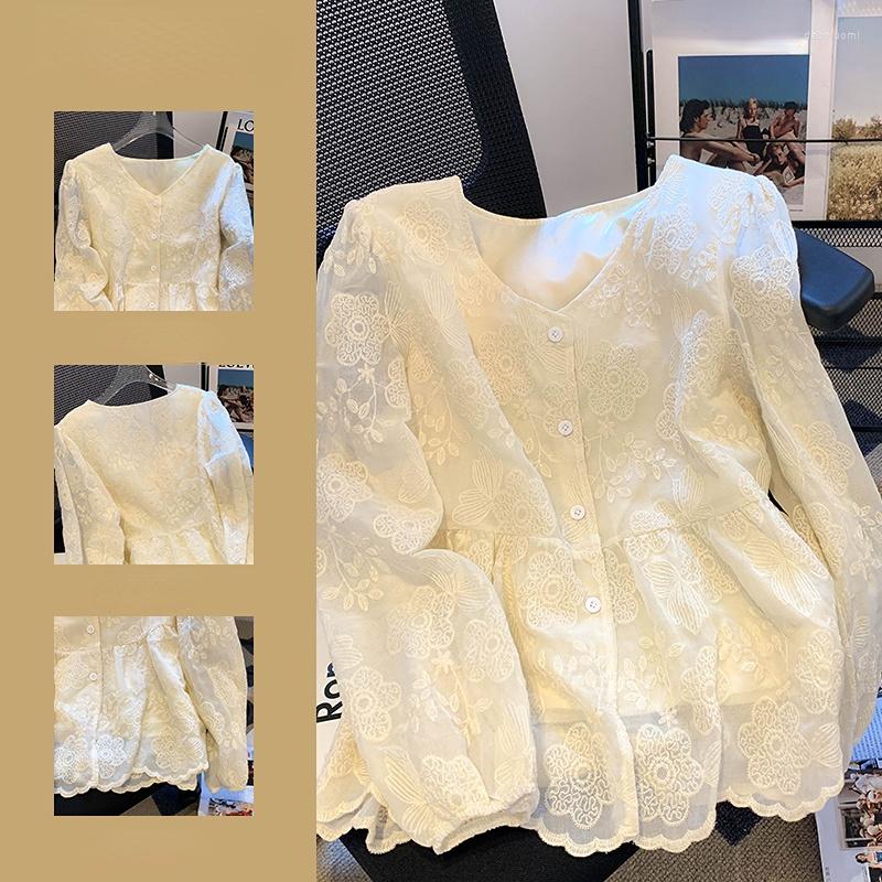 

Women' Blouses Lace Fashion Design Women Shirts Summer 2023 V-Neck Solid Sweet Style Female Outwear Tops, Beige