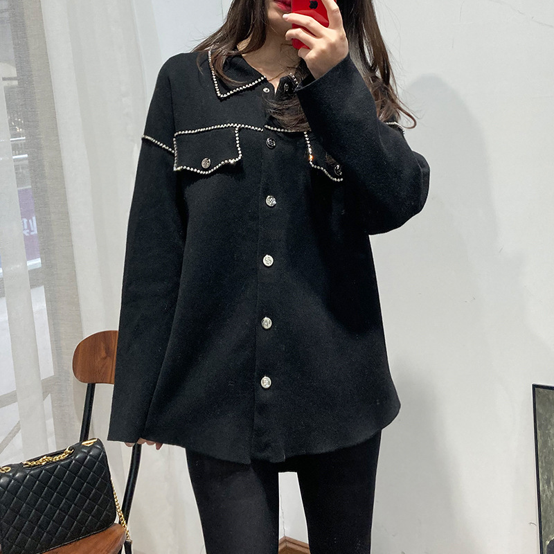 

Women's Jackets Maje Sweet Rhinestone Trim Solid Women's Knit Sweater, Black