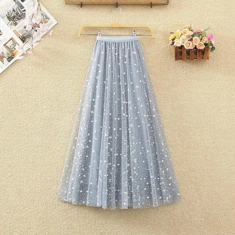 

Skirts Summer Glitter sequin Skirts Womens Long Mid MeshTulle Skirt Female Elastic High Waist Sky Bling Pleated Tutu Skirt 230414, Moon and star