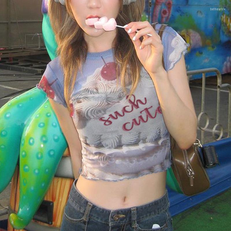 

Women' T Shirts Women T-Shirt Y2k Crop Tops Tees Vintage Cherry Cake Print Short Sleeve Round Neck Slim Fit Summer Harajuku Streetwear, Blue