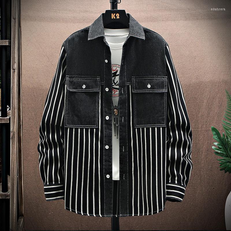 

Men's Jackets Spring And Autumn Stripe Jacquard Denim Shirt Men's Loose Casual Long Sleeve Jacket, Black