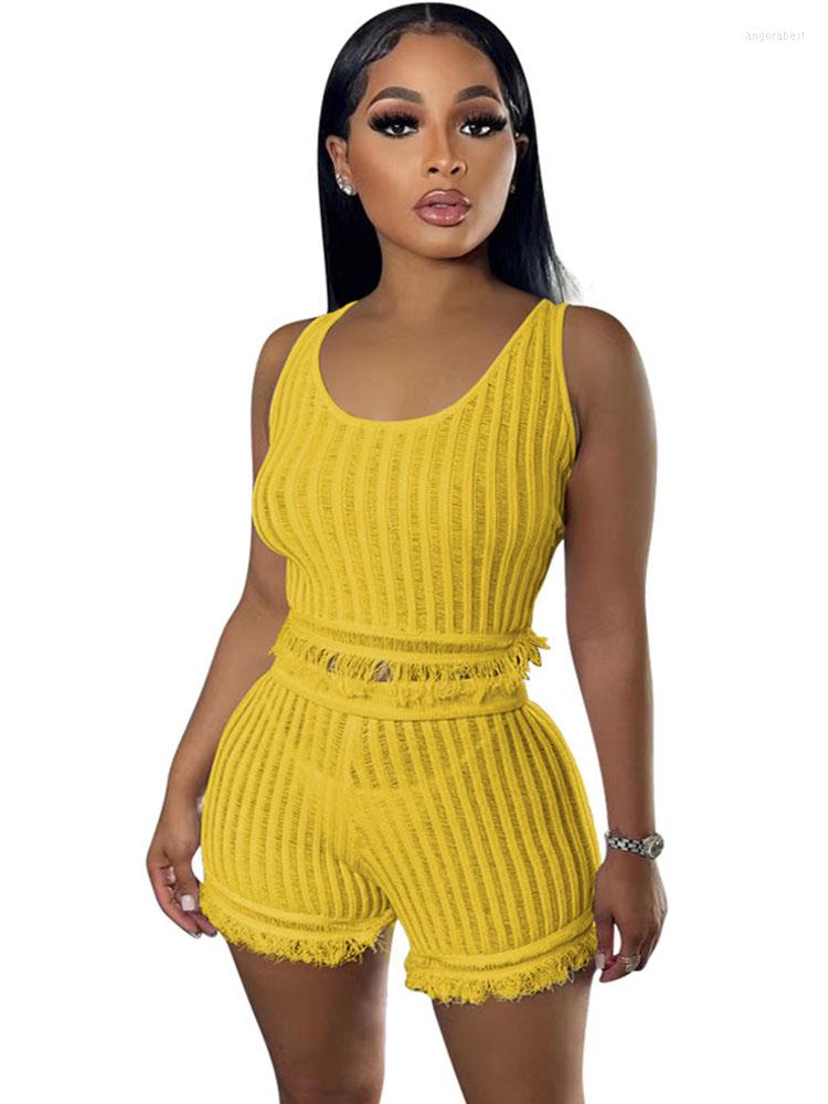 

Women' Tracksuits Szkzk Sexy Knitted Tassels Two Piece Set Women Vest Short Top And High Waist Shorts Nightclub Outfits Birthday Party, Blue