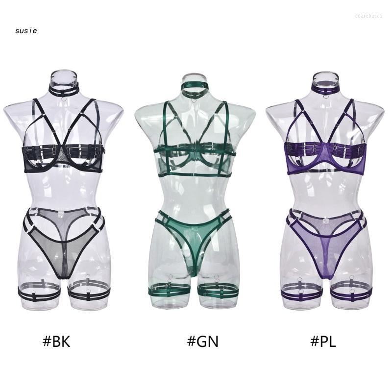 

Bras Sets X7YA Sexy Women Halter Lingeries Set Hollow Bandage Panty Leg Rings Nightwear, Black