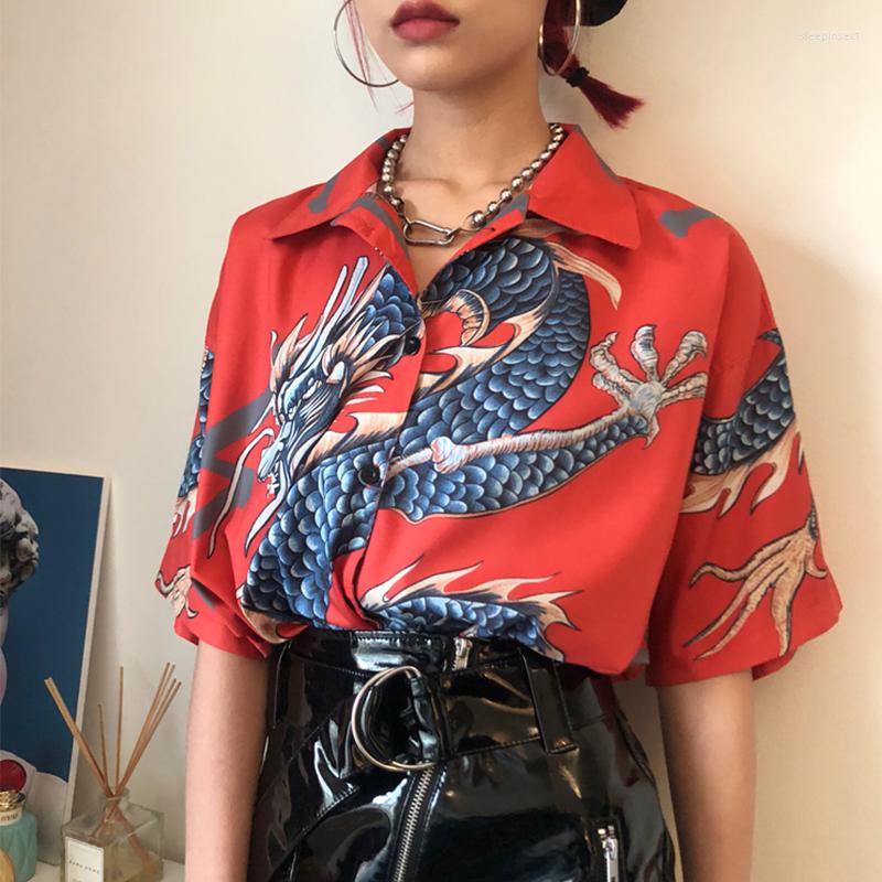 

Women's Blouses Dragon Print Oversized Ladies Shirts Chic Summer Spring Women's Harajuku Tops Short Sleeve Female Blusas Mujer, Sky blue