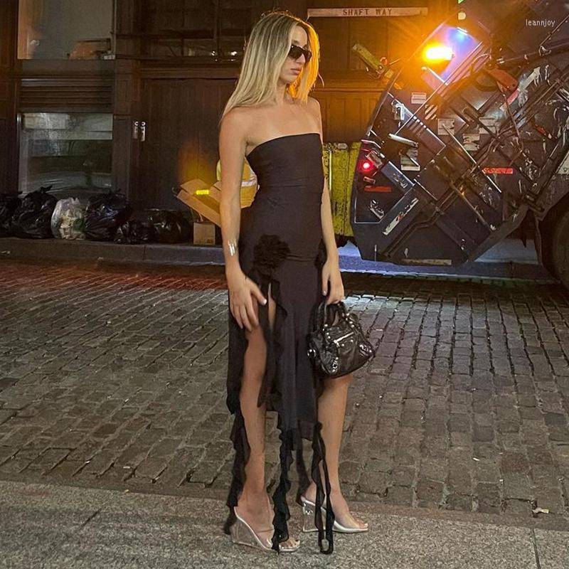 

Casual Dresses Cutubly Evening Bodycon Women Night Club Outfit Tube Strapless Party Elegant Dress Side Slit Ruffles Long Off Shoulder, Black
