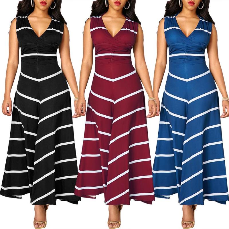 

Casual Dresses Plus Size Summer Party Women Stripe VNeck Sleeveless High Waist Maxi Long Dress Soft And Breathable Material Comfortable To W, Black
