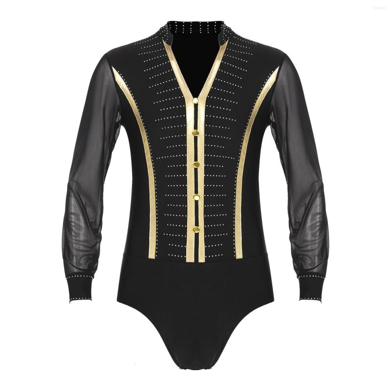 

Stage Wear Mens Ballroom Samba Latin Rumba Dance Costume Sparkling Rhinestones Bodysuit V Neck Sheer Mesh Long Sleeve Leotard Costumes, Red