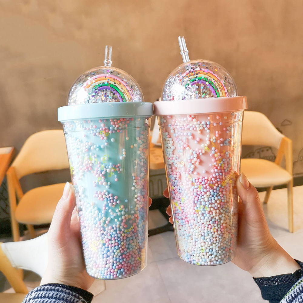 

Water Bottles Reusable Plastic Tumbler With Dome Lids Bubble Rainbow Decor 2Layer Cups 550ml Straw Double Wall Bottle Cup 230413