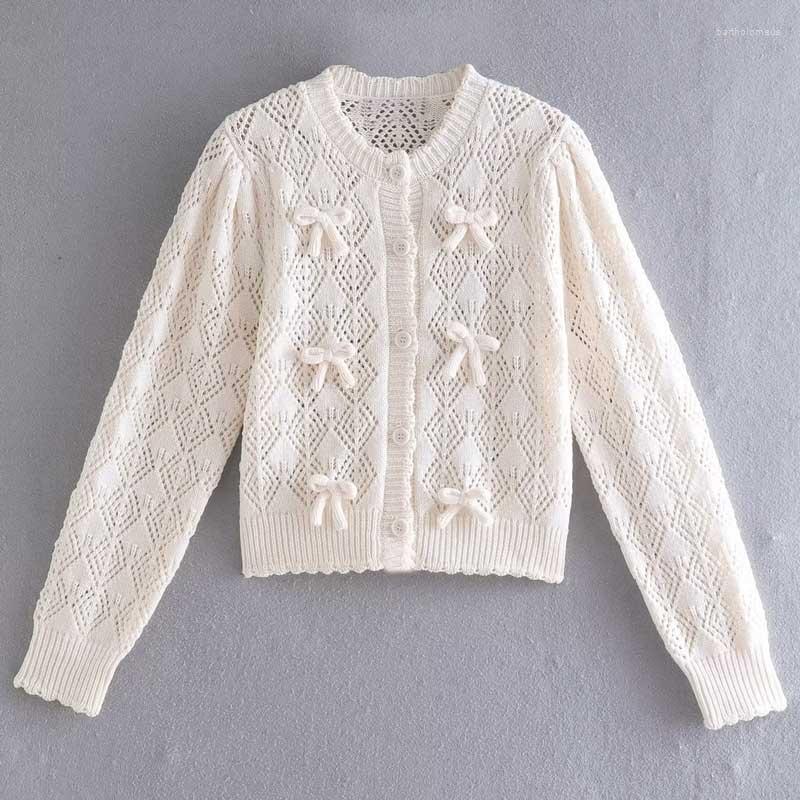 

Women' Knits Boho Inspired BOWS KNIT Sweater Women Long Sleeve Hollow Out Cardigan Female Auttumn Winter White Kawaii Ladies, Ivory