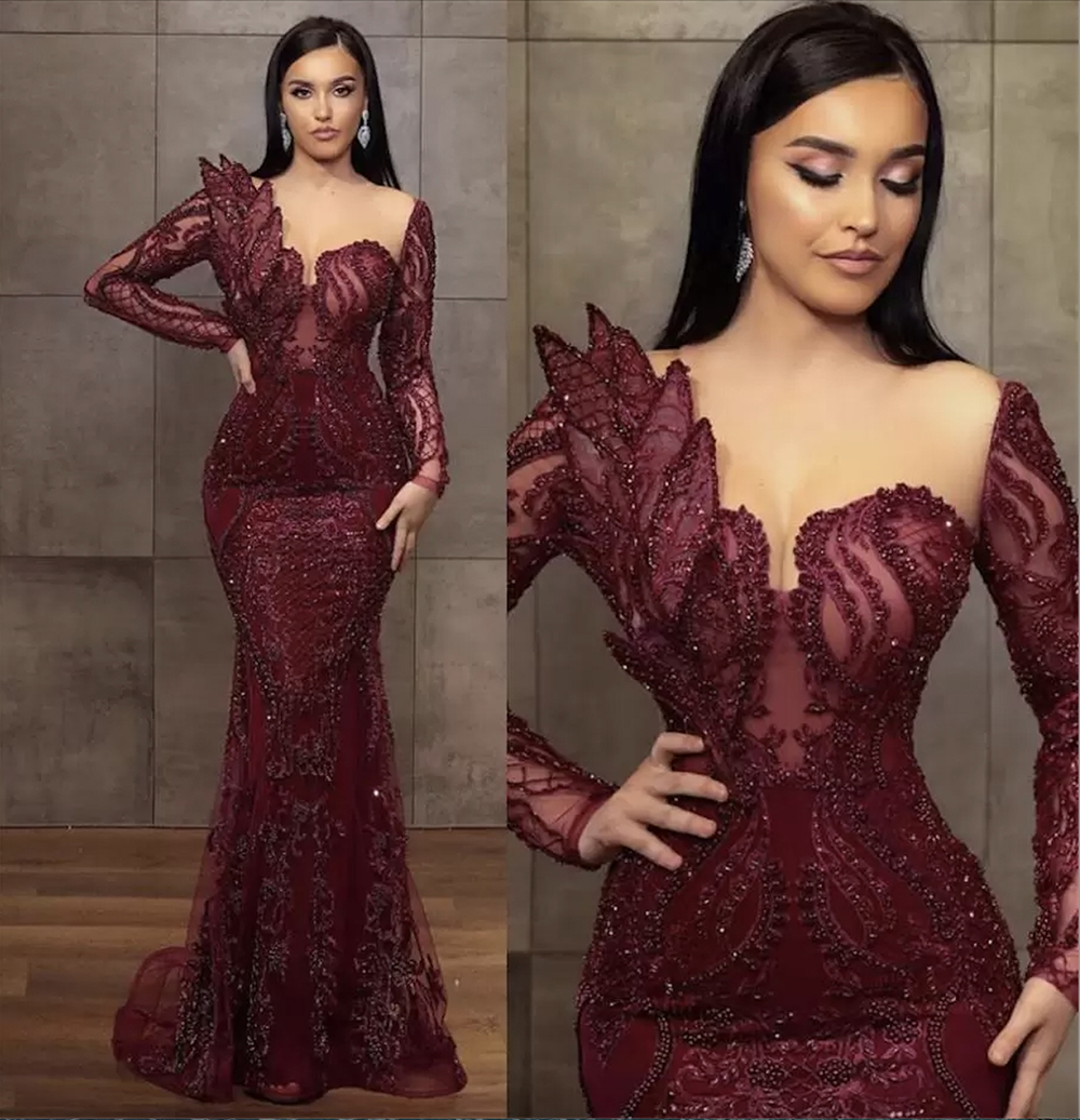 

Gorgeous Burgundy Beaded Evening Dresses Mermaid Sheer Neck Prom Dress Long Sleeves Formal Party Second Reception Gowns Arabic Robes De Soiree, Yellow