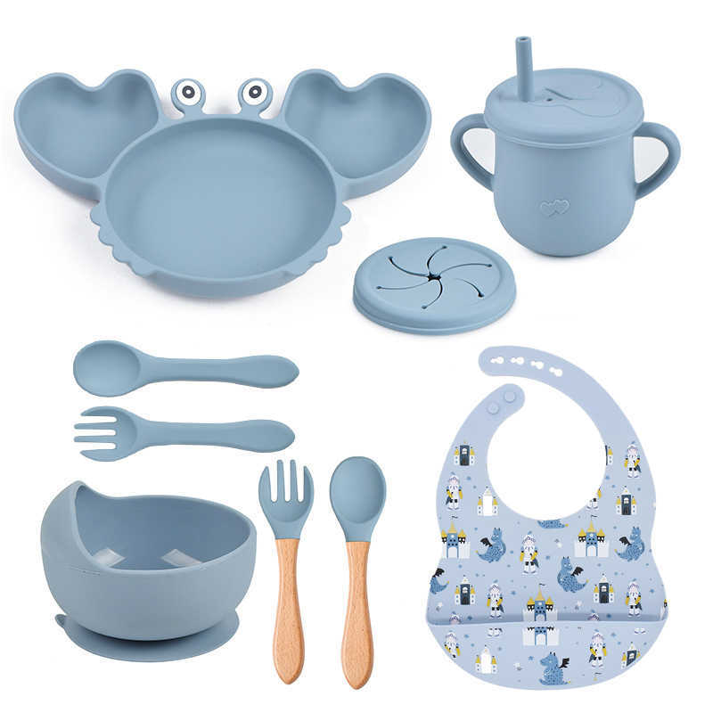 

Cups Dishes Utensils 8PCS/Set Baby Silicone Tableware Cup Bowl Crab Plate Tray Bibs Spoon Fork Sets Children Non-slip Feeding BPA Free Dinnerware AA230413
