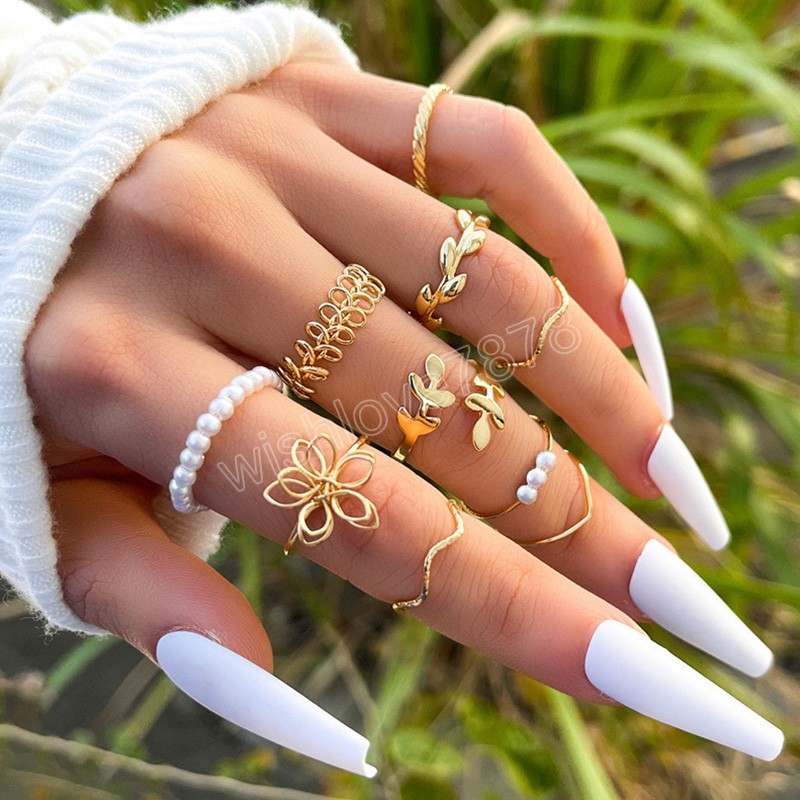 

10Pcs Vintage Gold Color Rings Imitation Pearl Flower Rings Set For Women Girls Geometric Adjustable Ring Fashion Jewelry Gifts