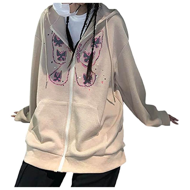 

Women's Jackets Women Casual Cute Printing Hooded Zipper Pocket Loose Teen Girls Coat Jacket, Beige