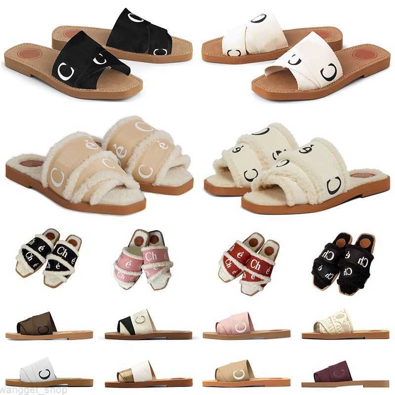

men women slides sandals designer slippers Woody flat mule in canvas shearling-lined White Black Grey Pink fur mens summer sandal fashion good, Item #10