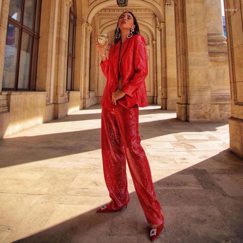 

Women' Two Piece Pants 2023 Spring Fashion Lady Elegant Birthday Party Dress Suit Sequins Red Long Sleeve Blazer Coat Straight Trousers, Only red pants