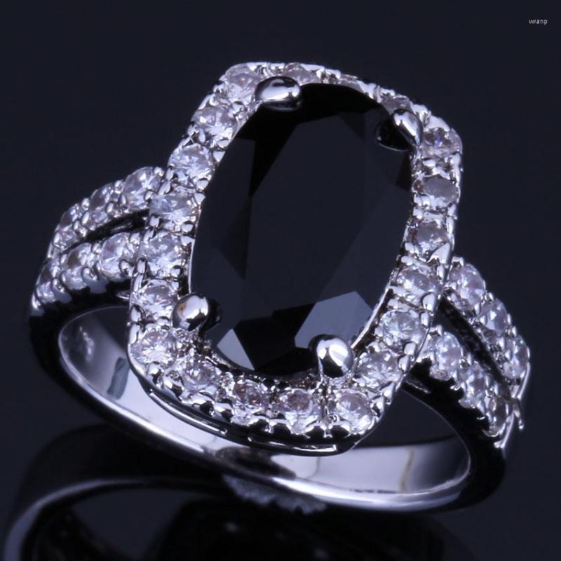 

Cluster Rings Sparkling Oval Black Cubic Zirconia White CZ Silver Plated Ring V0644