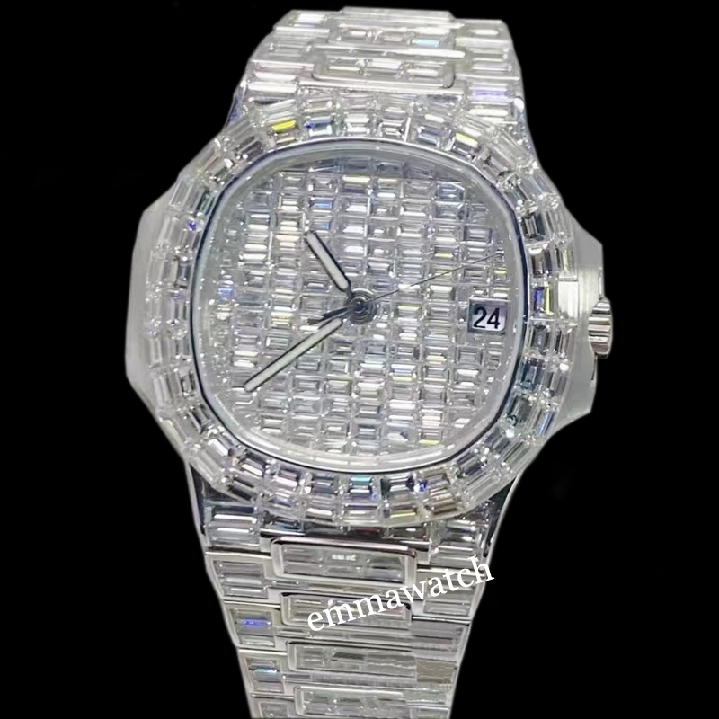 

2023 New square moissanite diamonds Watch Mens Sliver Iced Out Watches Automatic Luxury shiny watch sapphire glass wristwatches with box, 02 moissanite pass the test