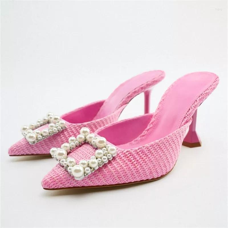 

Sandals TRAF Summer Heeled Slippers Women Luxury Pearl Beaded High Heels Woman Fashion Weave Slingback Pumps Ladies Pink Party
