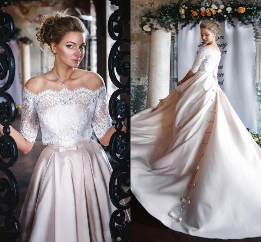 

Party Dresses Vintage Champagne Satin Prom Dress 2023 With Lace Jacket Bows Back Formal Wear Evening Gowns Custom Made A-Line, Silver