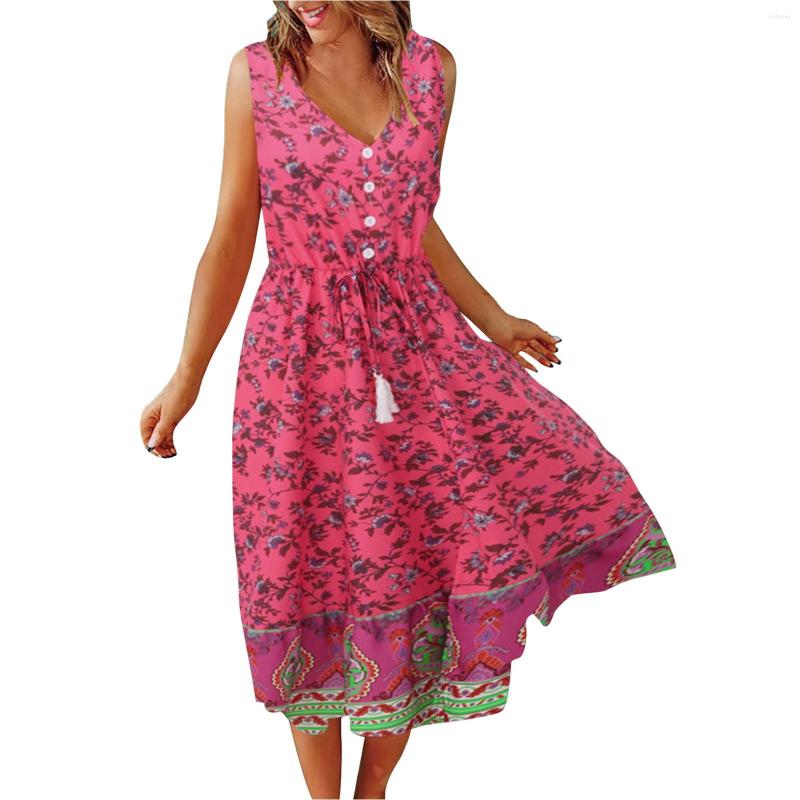 

Casual Dresses Button Floral Print Bohemian Dress Sleeveless Holiday Sundresses Women V-Neck Swing Female Mid-Calf Summer, Mint