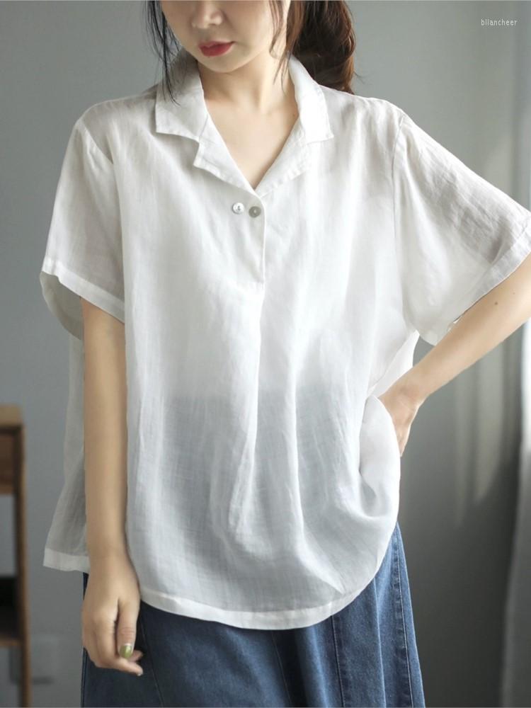 

Women's Blouses Ramie Pullovers Shirt Women Summer Loose Simple Casual Tops 2023 Ladies Turn-down Collar Short Sleeve All-match Blouse, White