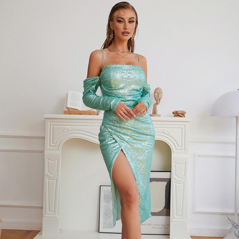 

Casual Dresses Fashion Spaghetti Strap Dress Women 2023 Spring Sexy Off Shoulder Sequins Clothes Club Party Evening, Green