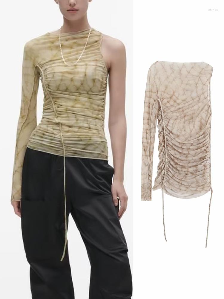 

Women's Blouses RAFZNB Women 2023 Fashion Print Tulle Asymmetric Sleeve Tops Long Slim Shirt, Light brown