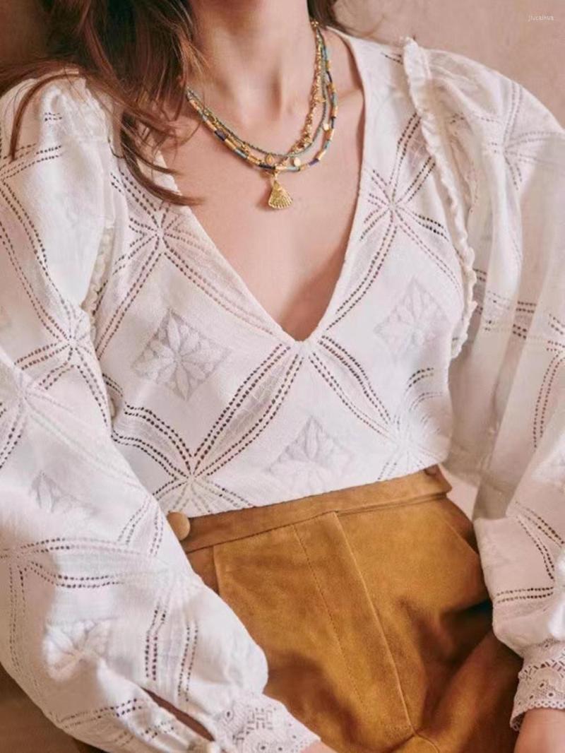 

Women's Blouses Deep V Women Ruffles Blouse White Hollow Out Temperament All-match Long Sleeve Ladies Shirt Spring 2023