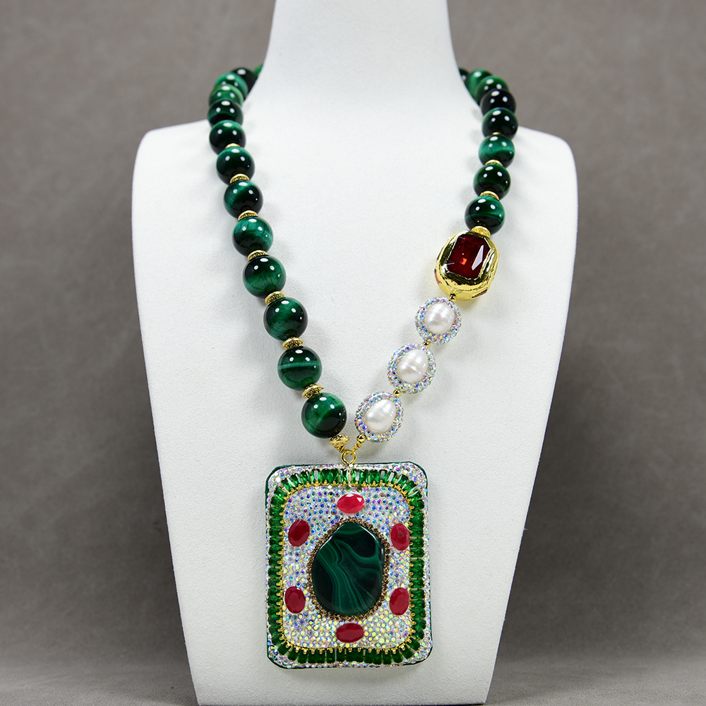 

Beaded Pendant Cultured White Rice Pearl Green Tiger Eye Crystal Necklace Natural Malachite Cz Pave Pendant Gemstone Jewelry Gift For Lady