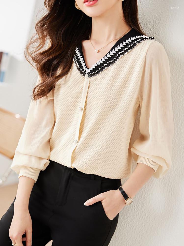 

Women' Blouses Spring Chiffon Splicing Knitted Pullovers For Women Elegant Fashion Lantern Sleeve Bottoming Shirt Single Breasted Korean, White